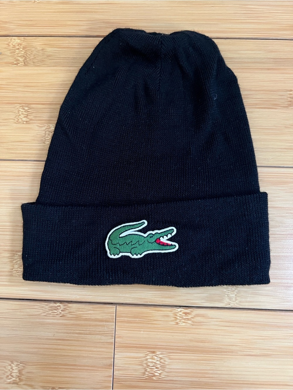 Lacoste Kids Black Beanie with Green Crocodile Patch